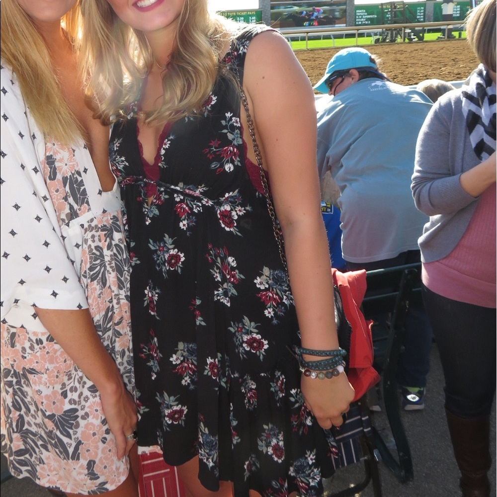 Black floral plunge neck dress